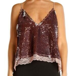 Free People Intimately Sequin Tank Top Large Blush Pink Lace Party Babydoll